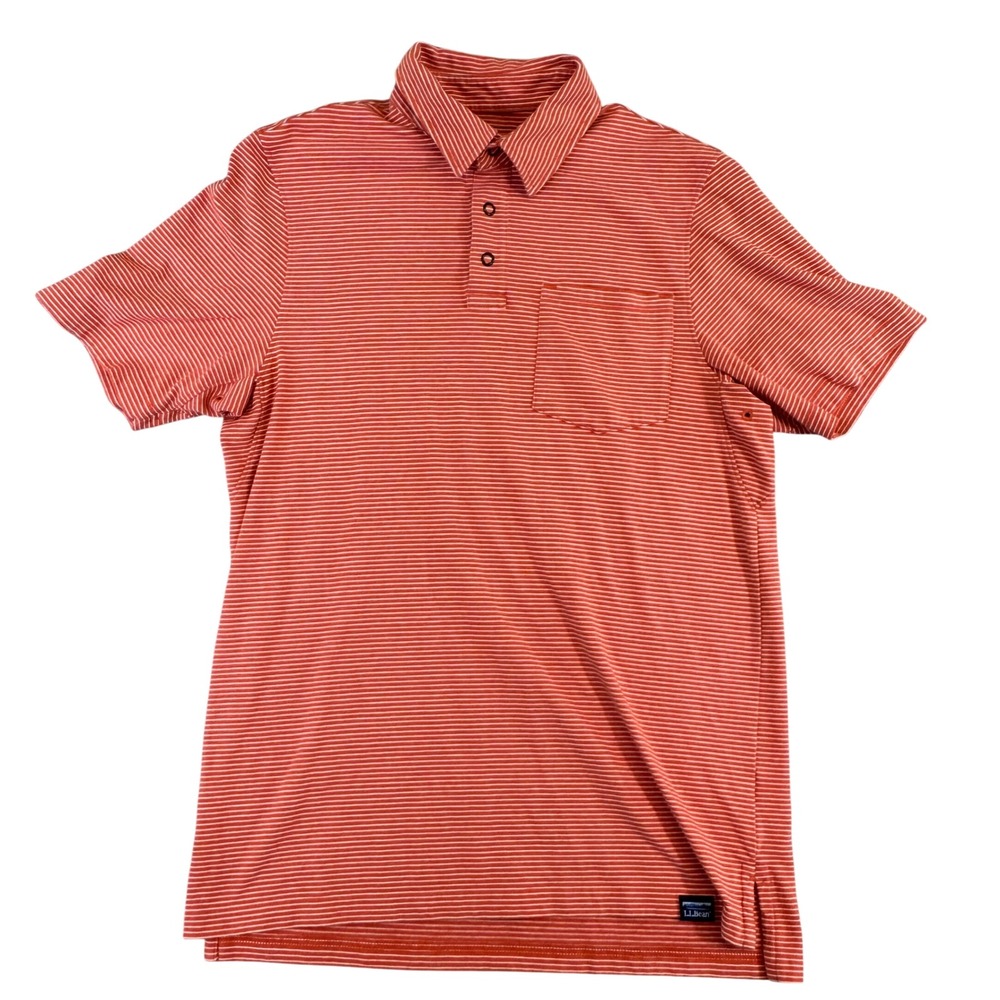 LL Bean Mens Slightly Fitted Polo Shirt Orange White Stripe CoolMax 514028 S-Reg